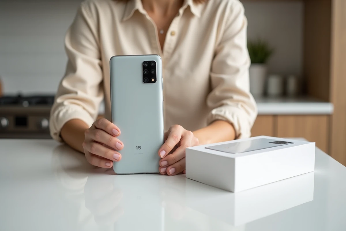 Femme préparant la revente d'un Xiaomi 15 avec sa boîte d'origine posée sur un comptoir blanc dans une cuisine moderne