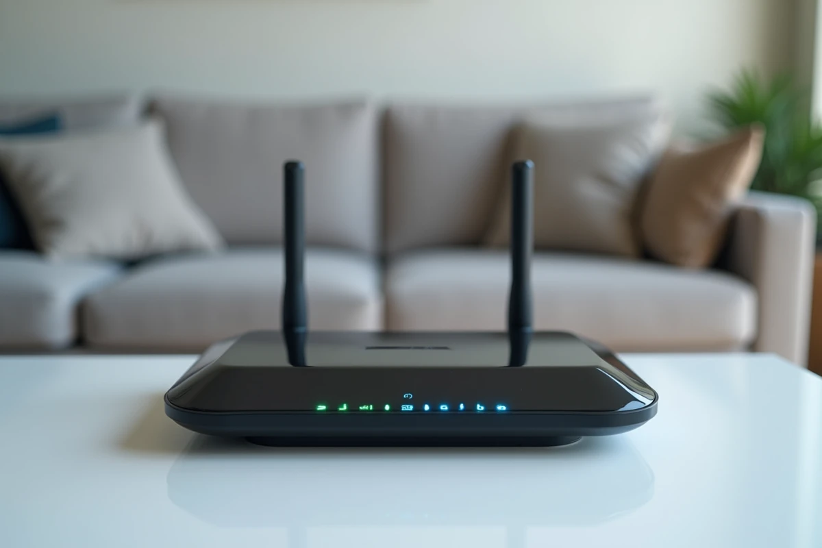 Routeur Wi-Fi domestique moderne avec voyants LED allumés, représentant la passerelle réseau et l'adresse IP de la box