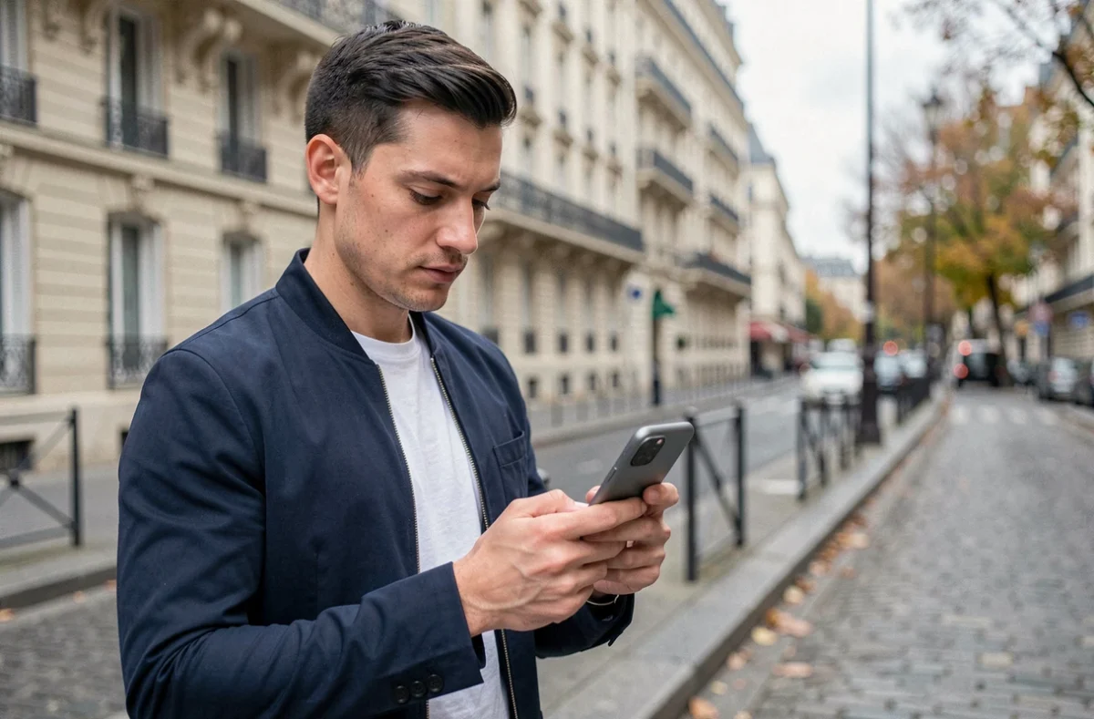 Homme consultant son Samsung Galaxy A51 dans une rue parisienne avec façades haussmanniennes en arrière-plan