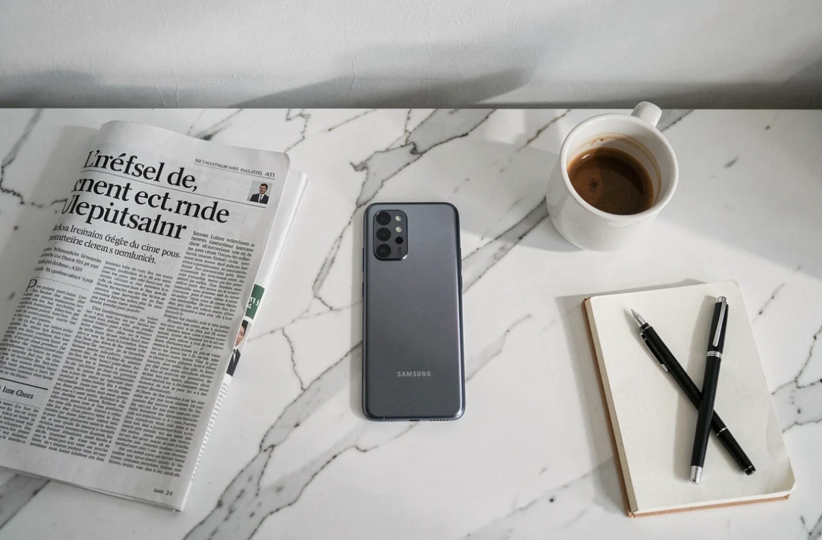 Samsung Galaxy A51 posé sur un bureau en marbre blanc avec journal français et carnet, vue de dessus éditoriale
