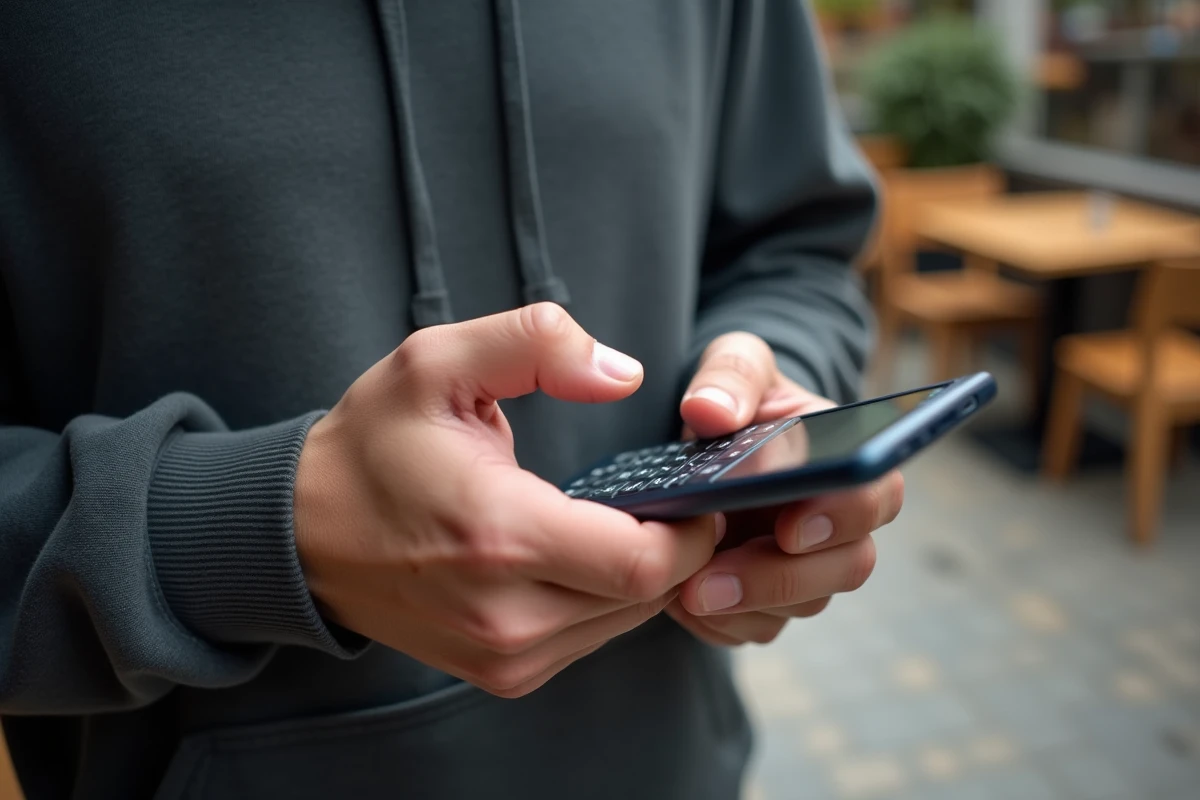 Mains masculines tenant un Samsung E250 en train de composer un SMS dans un café, vue rapprochée nostalgique années 2000