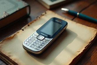 Samsung E250 téléphone portable vintage posé sur un bureau en bois avec un carnet et un stylo, vue de dessus en flat lay nostalgique