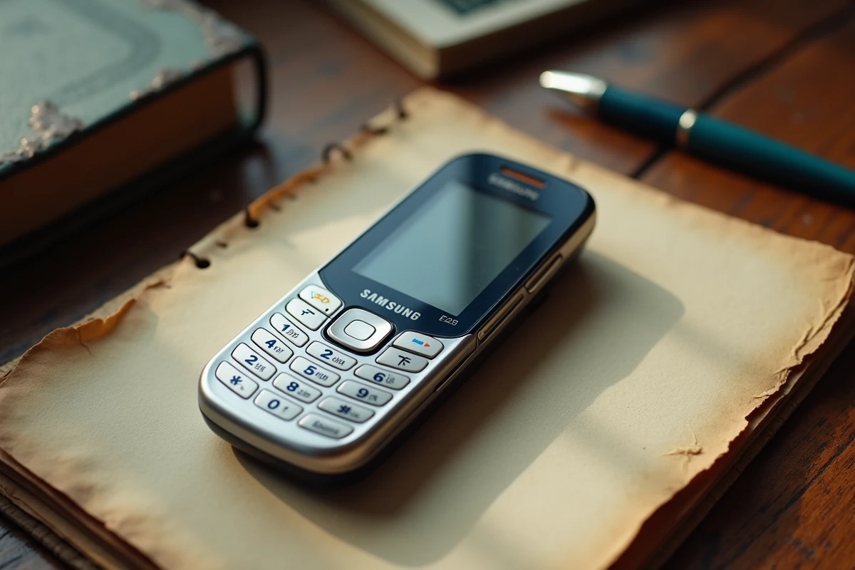Samsung E250 téléphone portable vintage posé sur un bureau en bois avec un carnet et un stylo, vue de dessus en flat lay nostalgique