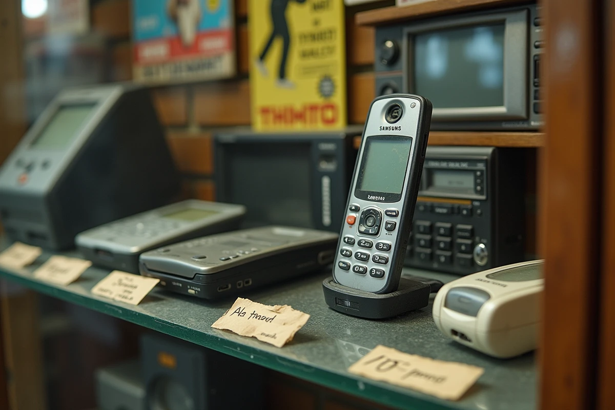 Samsung E250 exposé dans une vitrine de magasin d'électronique vintage avec d'autres appareils des années 2000 et des étiquettes manuscrites