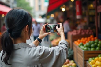 Femme tenant un Samsung Galaxy pour photographier un marché urbain animé, illustrant les capacités photo du smartphone en 2026