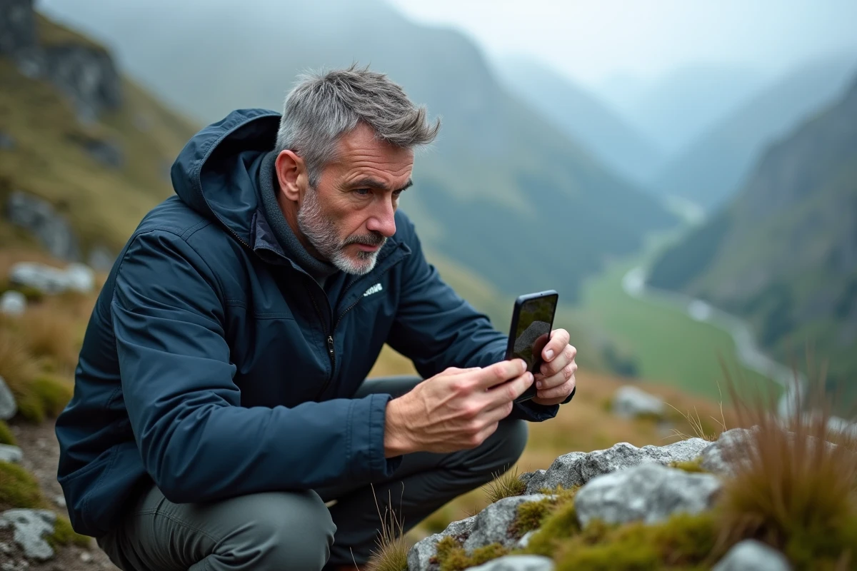 Homme accroupi en montagne utilisant un Samsung Galaxy pour photographier la nature en macro, démontrant la polyvalence photo du smartphone