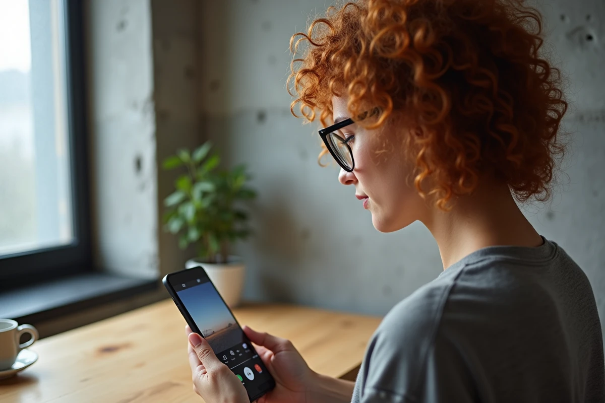 Jeune femme examinant des photos sur un Samsung Galaxy dans un appartement moderne, illustrant la qualité d'image du smartphone en conditions réelles