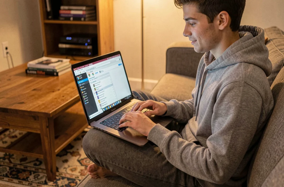 Jeune personne sauvegardant ses marques-pages Firefox sous Linux sur un canapé dans un appartement
