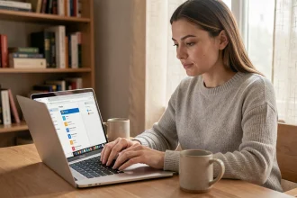 Femme sauvegardant ses marques-pages Firefox sur un ordinateur portable Windows dans un bureau à domicile