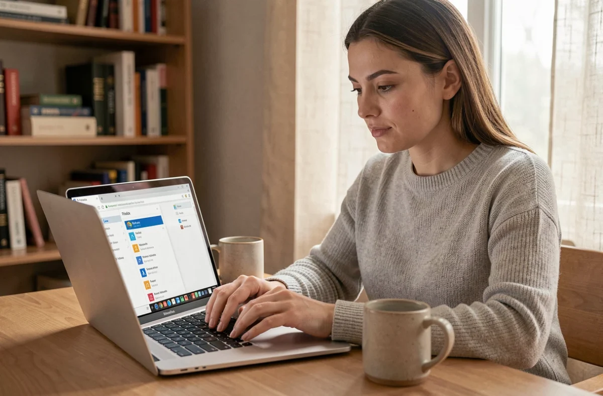 Femme sauvegardant ses marques-pages Firefox sur un ordinateur portable Windows dans un bureau à domicile