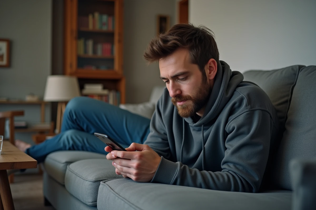 Homme allongé sur un canapé enregistrant discrètement une story Instagram sur son téléphone