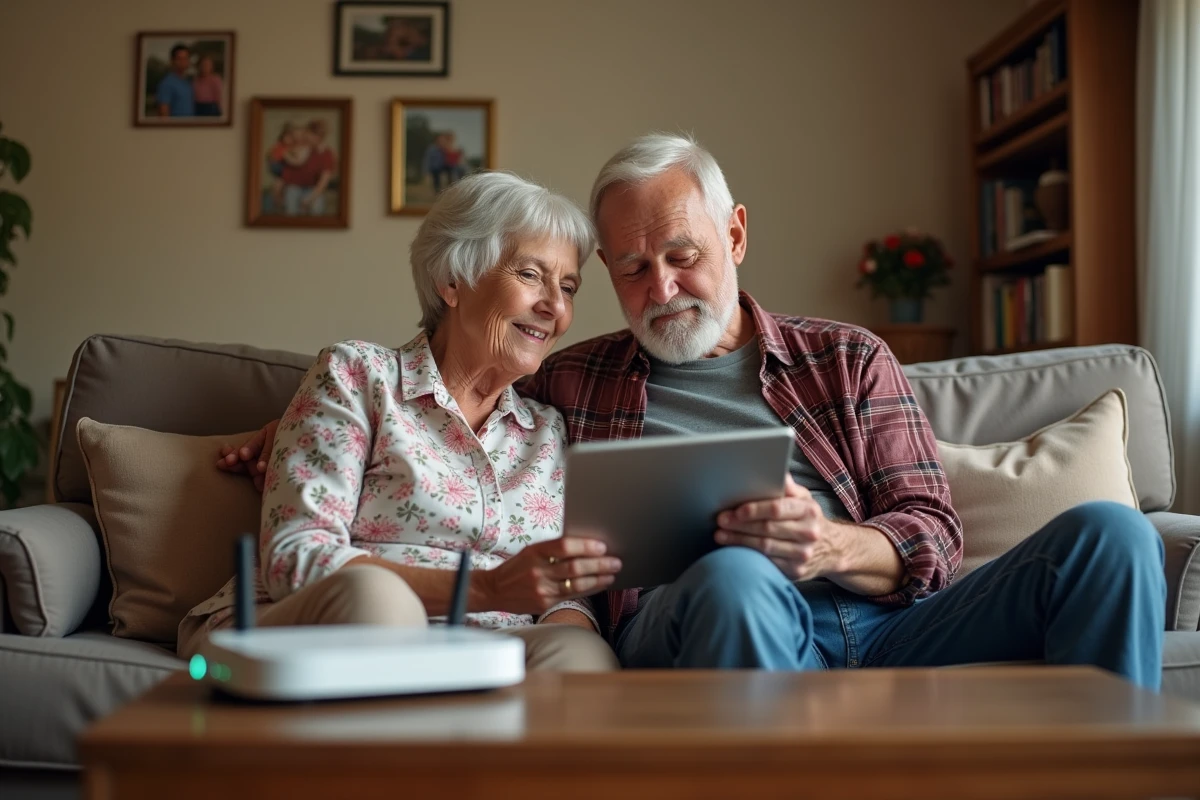 Couple de seniors découvrant ensemble l'espace Freebox sur une tablette posée sur une table basse dans un salon traditionnel