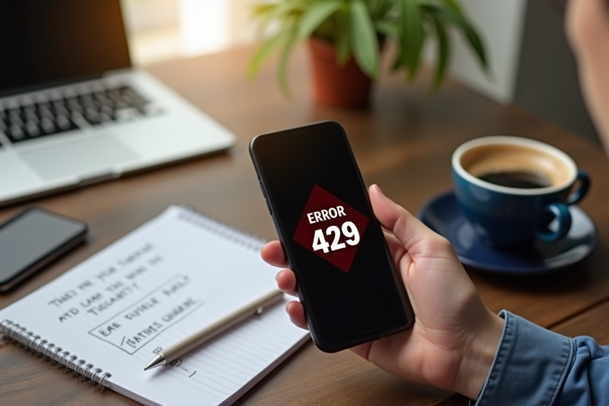Smartphone affichant erreur 429 Roblox dans un espace de travail