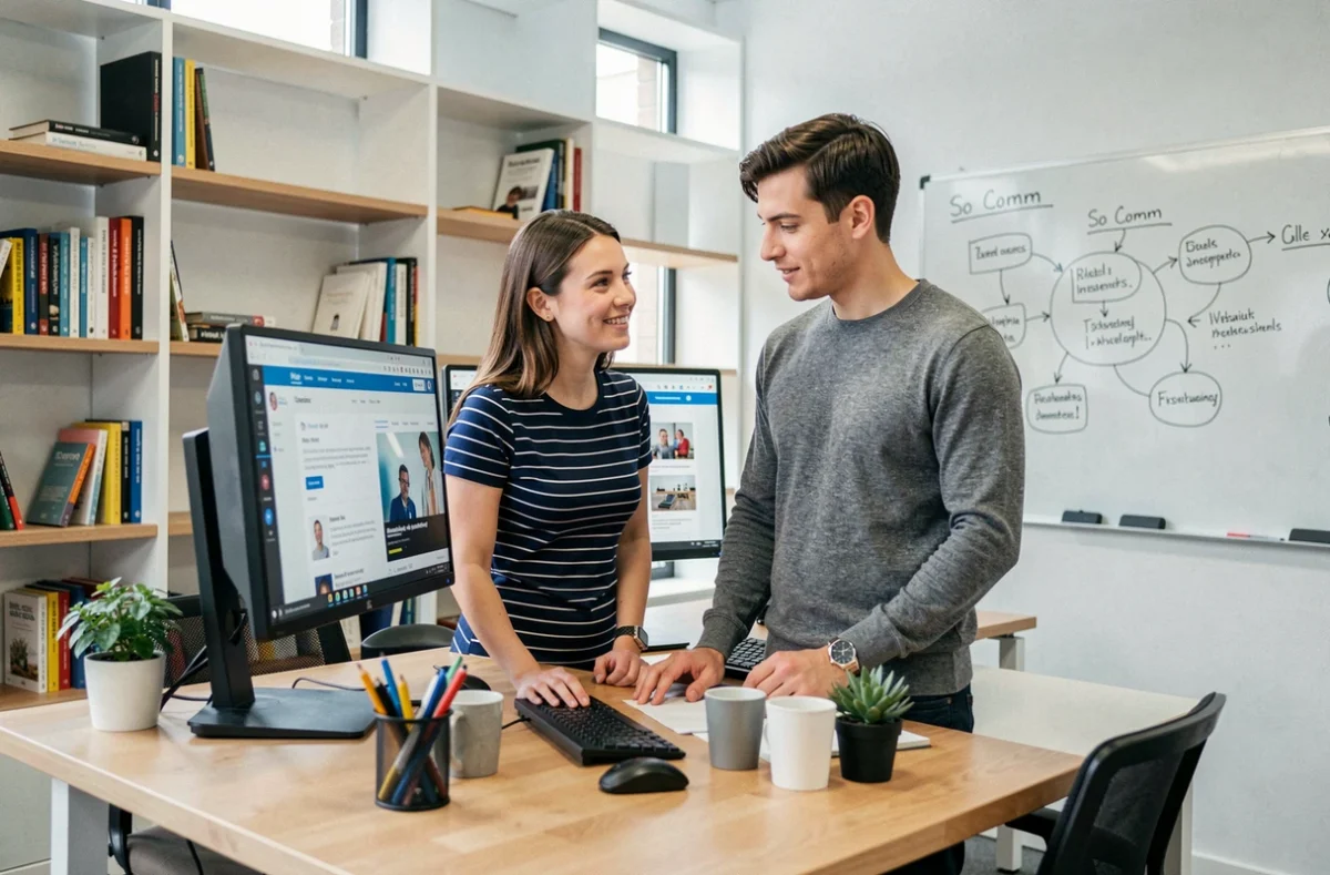 So Comm : deux professionnels en agence de communication digitale collaborant sur une campagne web et réseaux sociaux