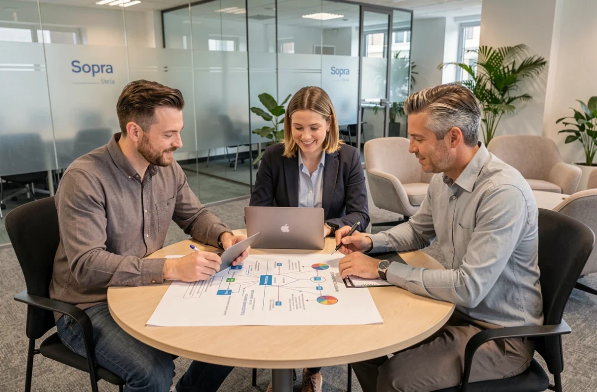 Une équipe Sopra Steria collabore sur un projet de cybersécurité et transformation numérique en salle de réunion
