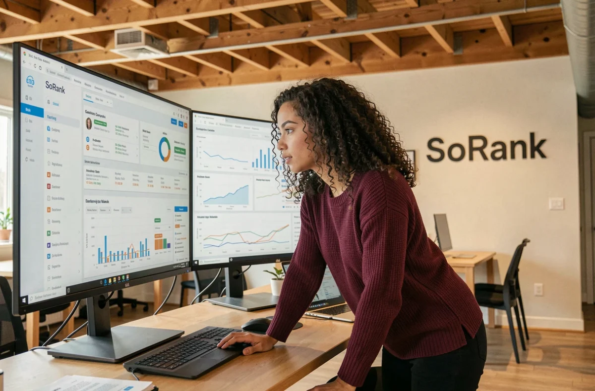 SoRank : spécialiste SEO analysant des résultats de moteurs de recherche et graphiques de backlinks sur plusieurs écrans