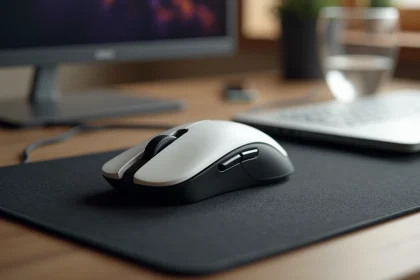 Souris gaming sans fil blanche posée sur un tapis de souris noir à côté d'un PC portable sur un bureau en bois