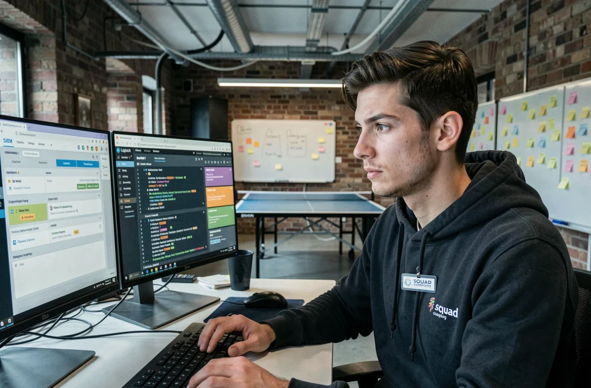 Un analyste de Squad, pure player cybersécurité lyonnais, surveille des alertes SIEM dans un open space startup