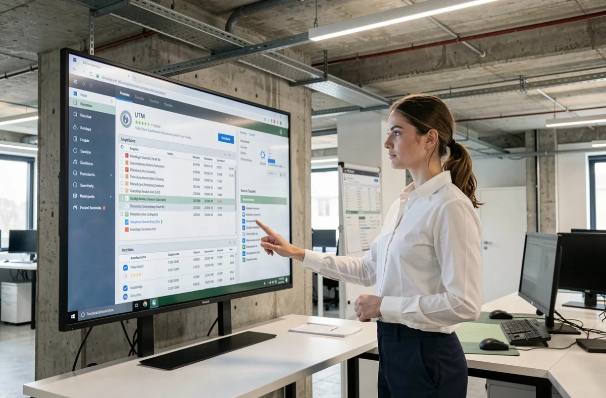 Une ingénieure configure des solutions de protection réseau Stormshield sur un écran tactile dans un bureau tech