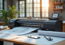 Espace de travail moderne avec imprimante grand format et plans