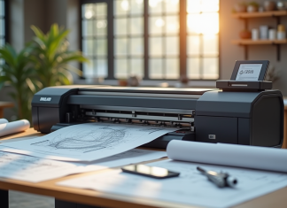 Espace de travail moderne avec imprimante grand format et plans