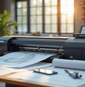 Espace de travail moderne avec imprimante grand format et plans