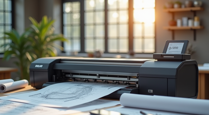 Espace de travail moderne avec imprimante grand format et plans