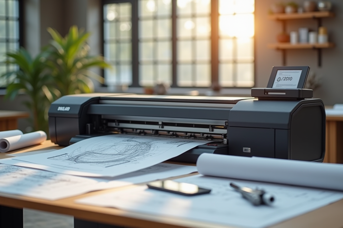 Espace de travail moderne avec imprimante grand format et plans