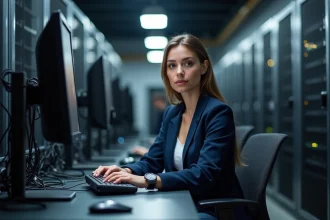 Femme ingénieure réseau au bureau avec serveurs