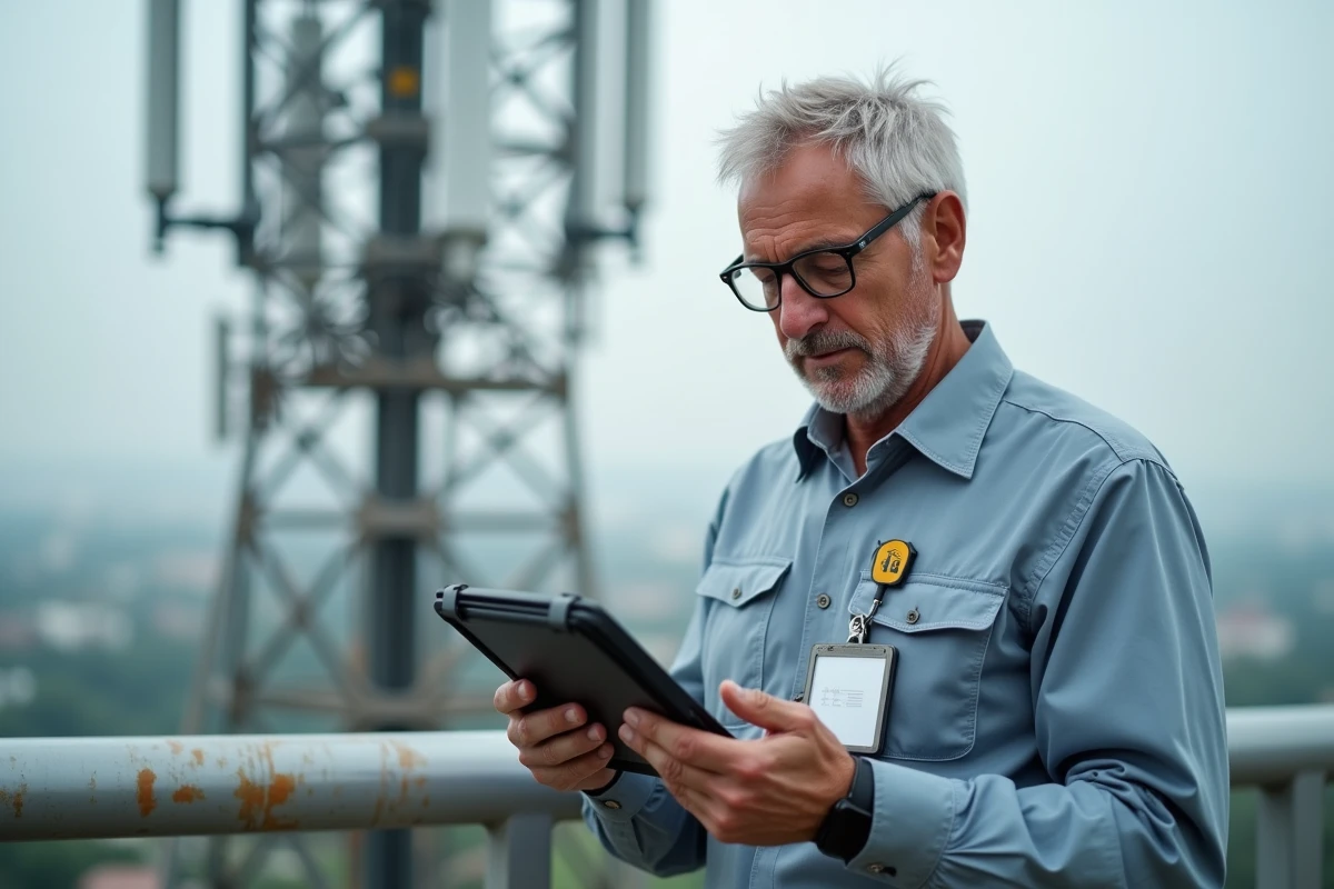 Ing&eacute;nieur t&eacute;l&eacute;com v&eacute;rifiant des donn&eacute;es sur une tablette pr&egrave;s d