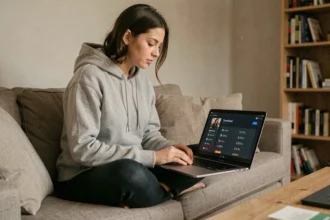 Femme consultant les tailles de fichiers en Go et Mo sur une plateforme de streaming depuis son canapé