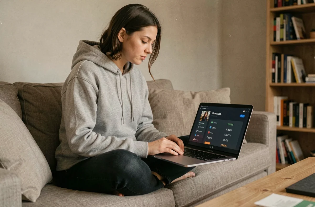 Femme consultant les tailles de fichiers en Go et Mo sur une plateforme de streaming depuis son canapé