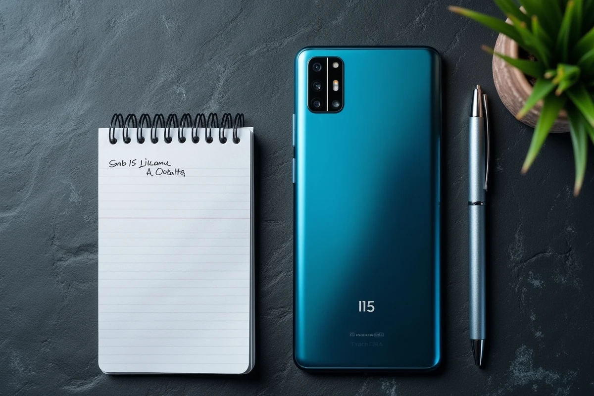 Flat-lay du Xiaomi 15 posé sur une ardoise foncée avec un carnet de notes manuscrites illustrant un test long terme et une analyse de revente