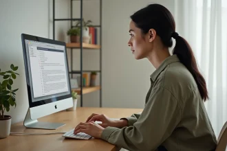 Femme utilisant un clavier Apple Magic Keyboard connecté à un MacBook Pro pour taper le caractère tilde dans un éditeur de texte