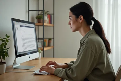 Femme utilisant un clavier Apple Magic Keyboard connecté à un MacBook Pro pour taper le caractère tilde dans un éditeur de texte