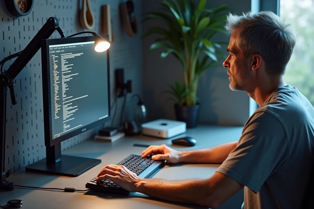 Homme utilisant un clavier mécanique PC connecté à un Mac mini avec un terminal affichant le symbole tilde en ligne de commande