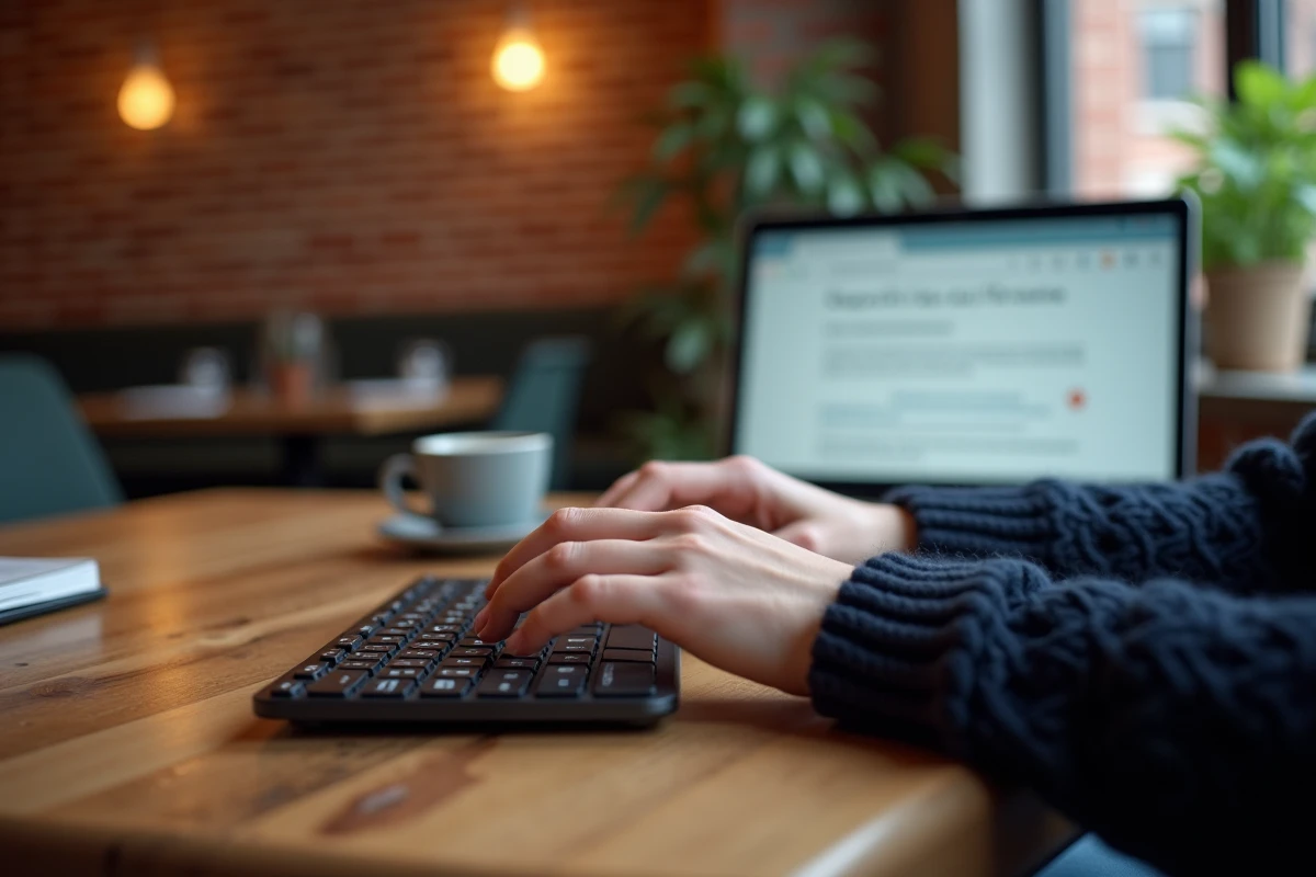 Mains tapant sur un clavier PC sans fil compact à côté d'un MacBook Air dans un café, avec un document français affichant le caractère tilde