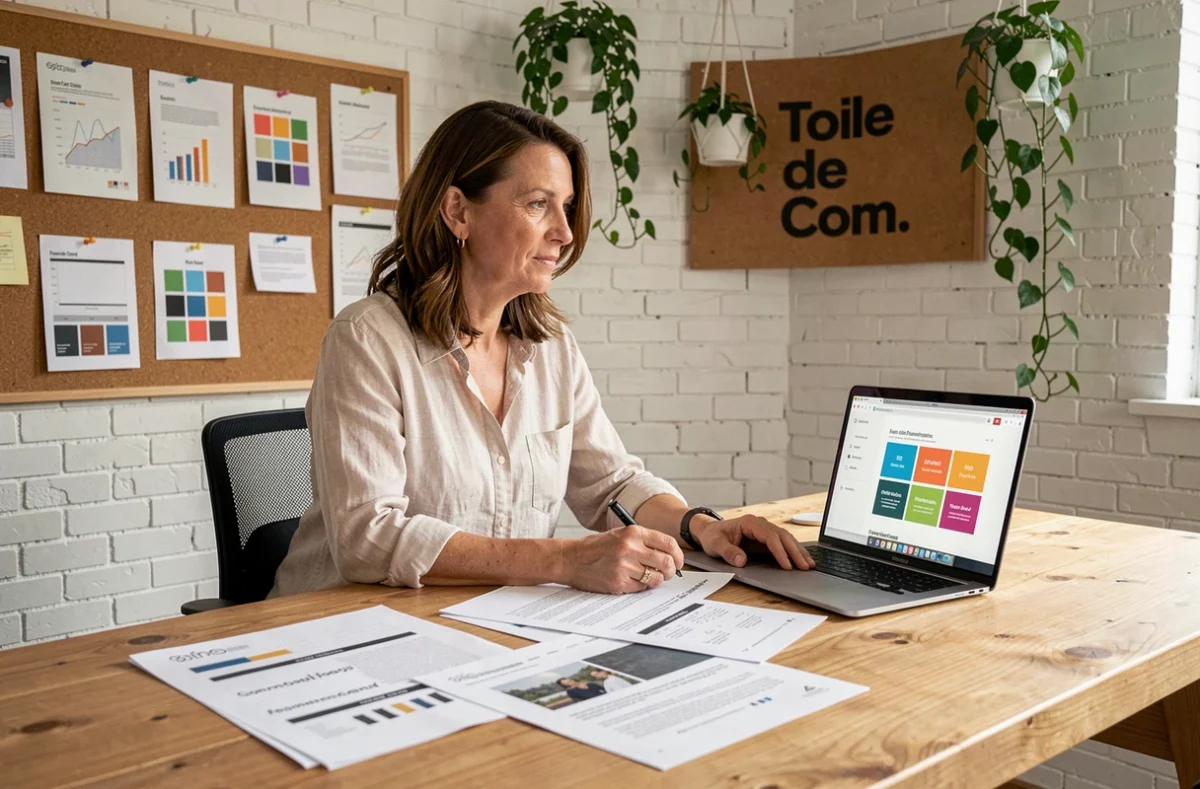 Toile de Com : directrice artistique en agence de communication travaillant sur des briefs créatifs et des designs web