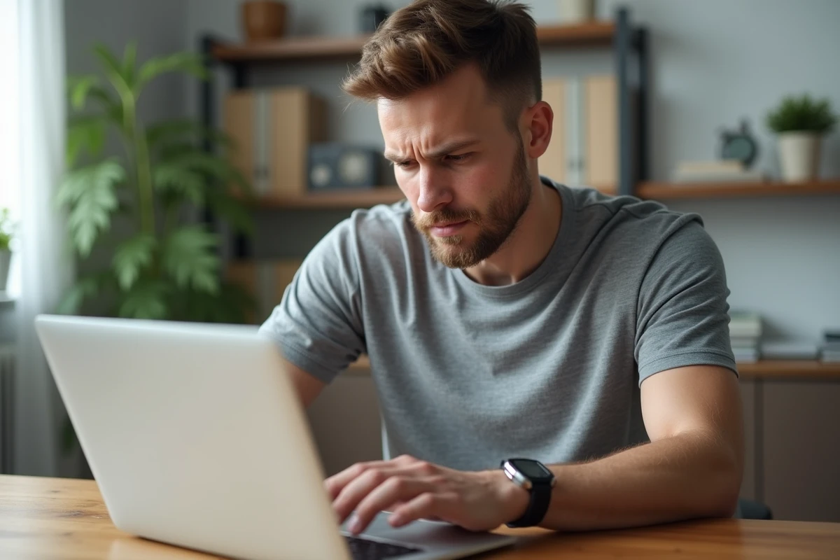 Homme appuyant sur la touche Shift d'un clavier MacBook avec une expression concentrée, assis à un bureau en bois dans un bureau à domicile minimaliste