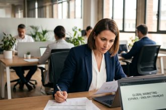 Traductrice professionnelle annotant des documents marketing dans un bureau moderne, illustrant l'importance des traducteurs qualifiés pour les équipes marketing