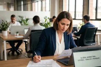 Traductrice professionnelle annotant des documents marketing dans un bureau moderne, illustrant l'importance des traducteurs qualifiés pour les équipes marketing
