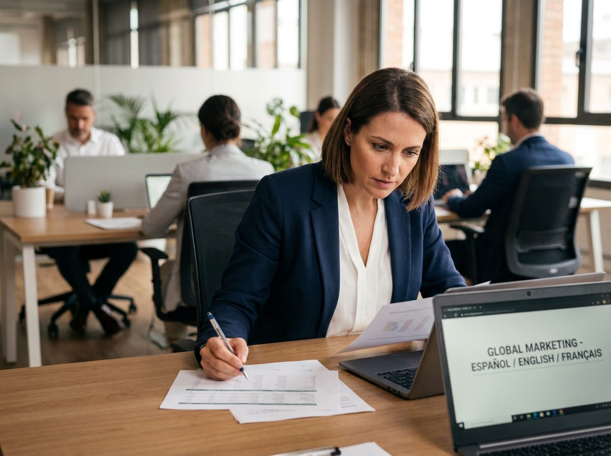 Traductrice professionnelle annotant des documents marketing dans un bureau moderne, illustrant l'importance des traducteurs qualifiés pour les équipes marketing