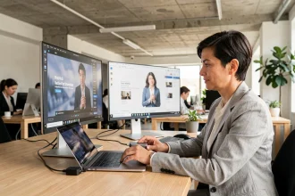 Femme professionnelle connectant un transmetteur HDMI 4K sans fil à deux écrans dans un open space moderne