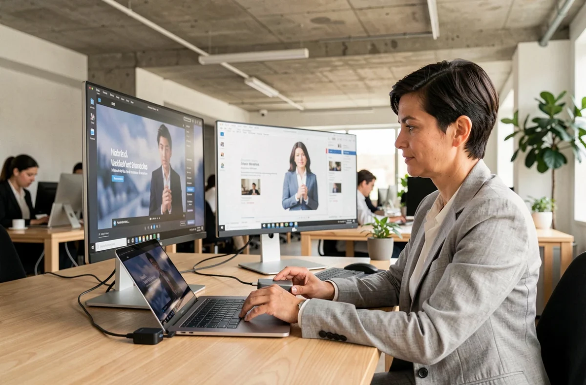 Femme professionnelle connectant un transmetteur HDMI 4K sans fil à deux écrans dans un open space moderne
