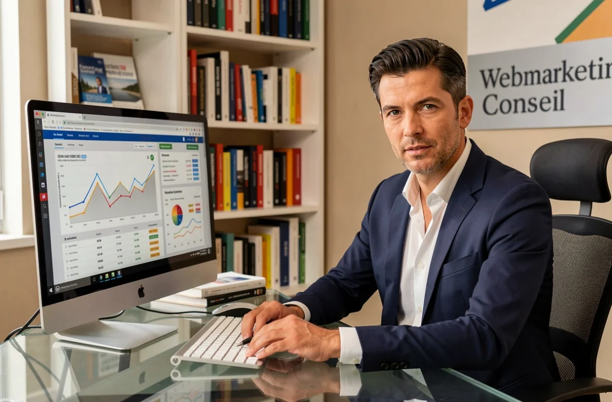 Webmarketing Conseil : stratège en marketing digital analysant des rapports SEO et classements de mots-clés sur grand écran