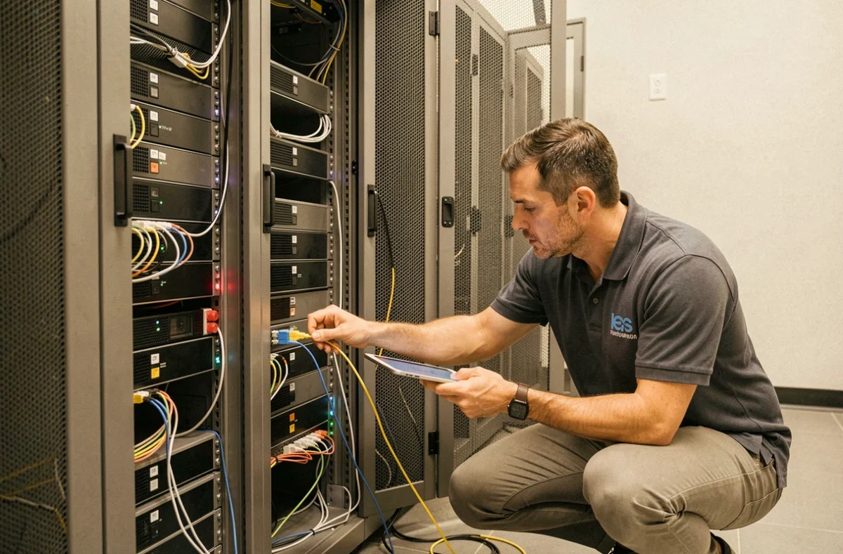 Ingénieur réseau XEFI Saint-Etienne intervenant sur une baie de serveurs dans un datacenter local